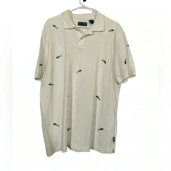 Chaps Mens White Size XL Short Sleeve Collared Polo Shirt Fishbone Print - Picture 1 of 11